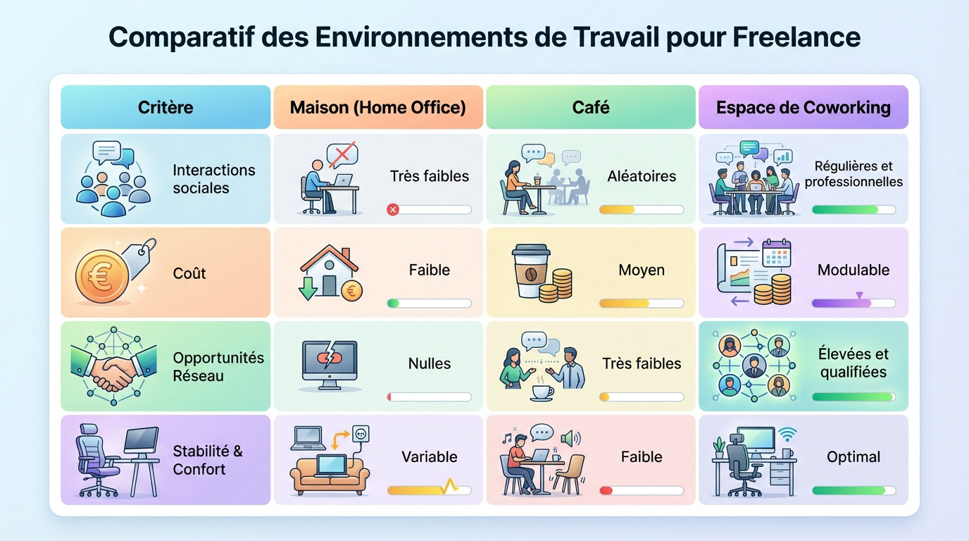 Tableau comparatif des avantages et inconvénients entre le travail à domicile, au café et en espace de coworking pour un freelance
